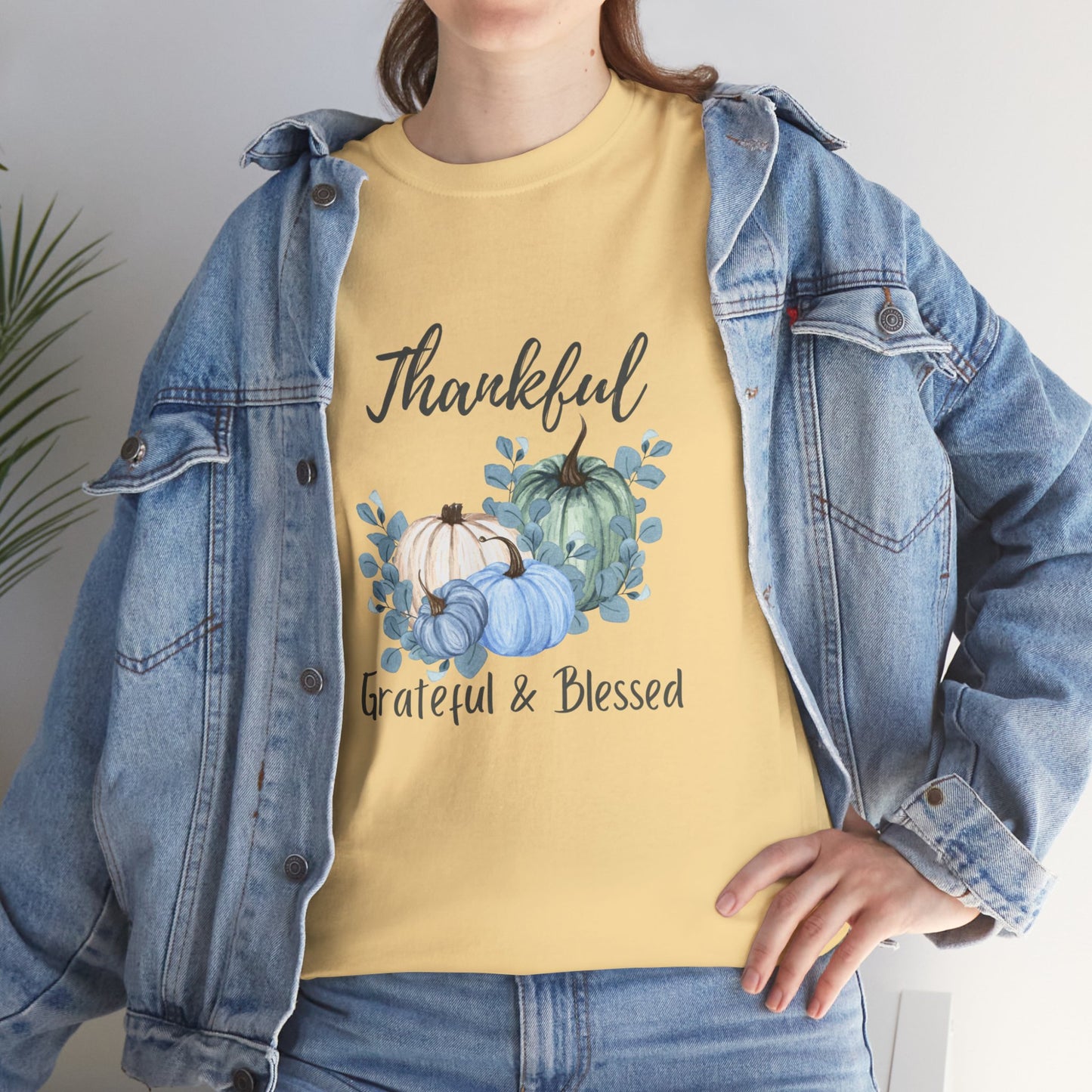 Thankful, Grateful & Blessed T-Shirt – Pumpkin & Leaves Design | Fall shirt | Fall clothing