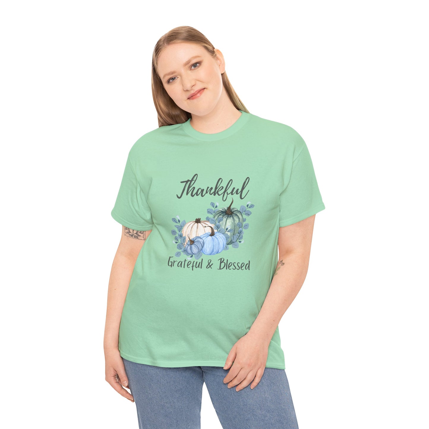 Thankful, Grateful & Blessed T-Shirt – Pumpkin & Leaves Design | Fall shirt | Fall clothing