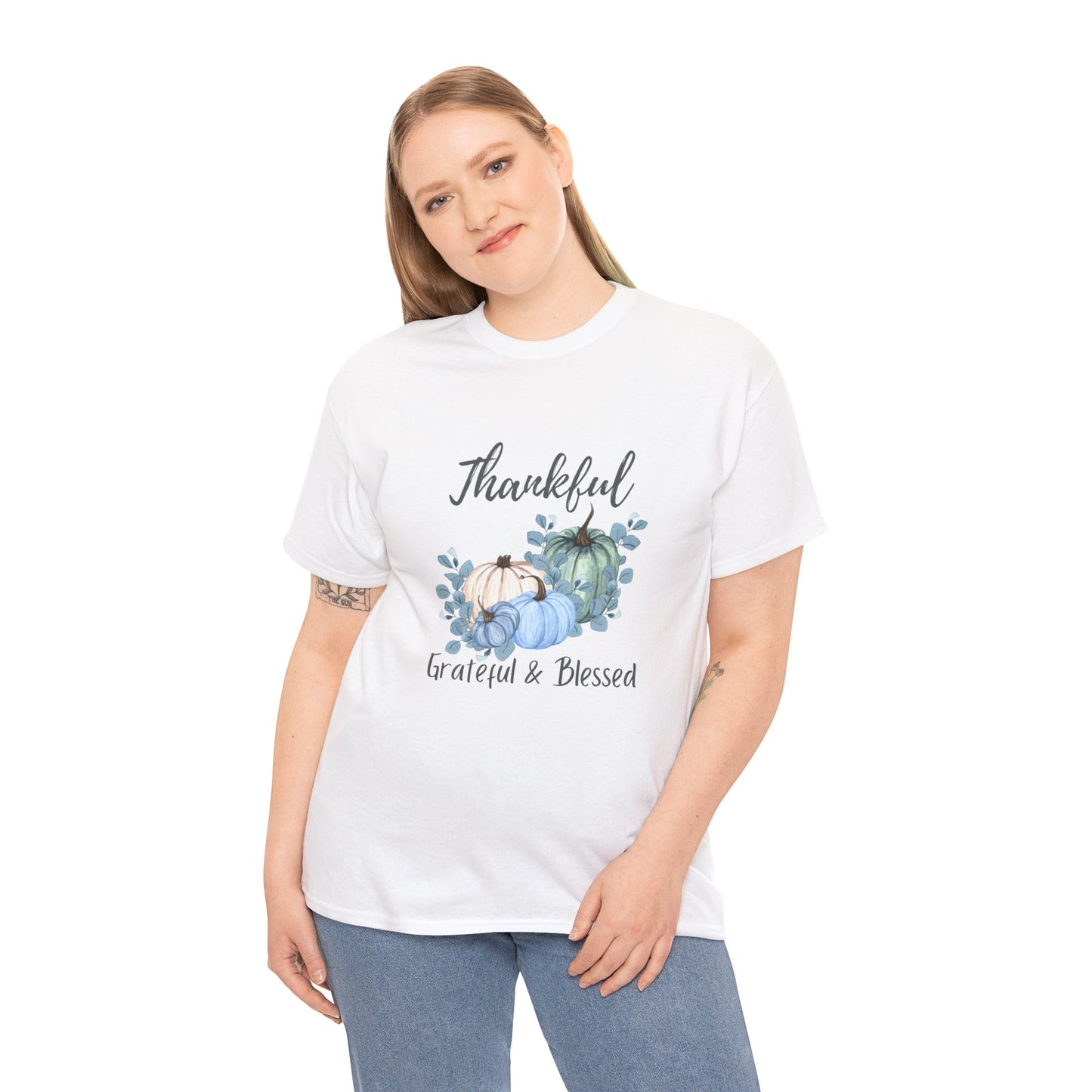 Thankful, Grateful & Blessed T-Shirt – Pumpkin & Leaves Design | Fall shirt | Fall clothing