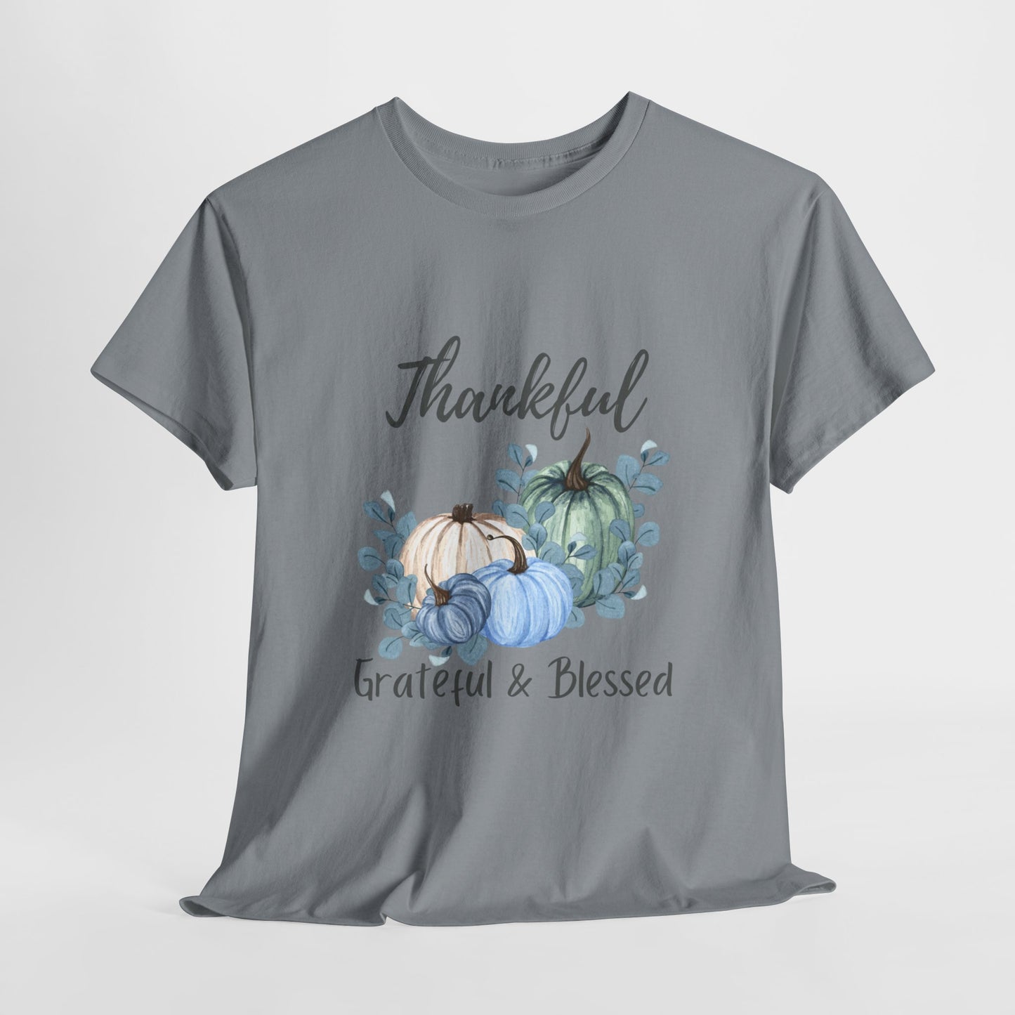 Thankful, Grateful & Blessed T-Shirt – Pumpkin & Leaves Design | Fall shirt | Fall clothing