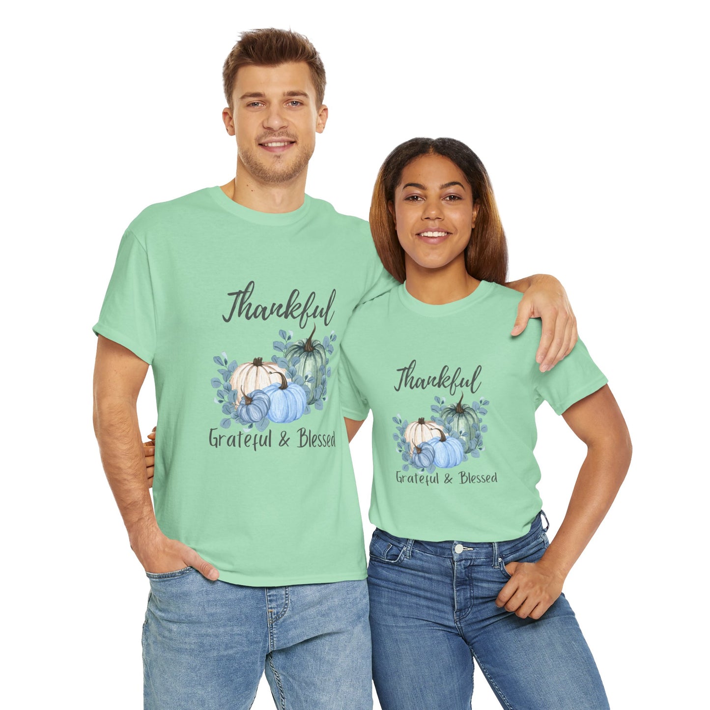 Thankful, Grateful & Blessed T-Shirt – Pumpkin & Leaves Design | Fall shirt | Fall clothing