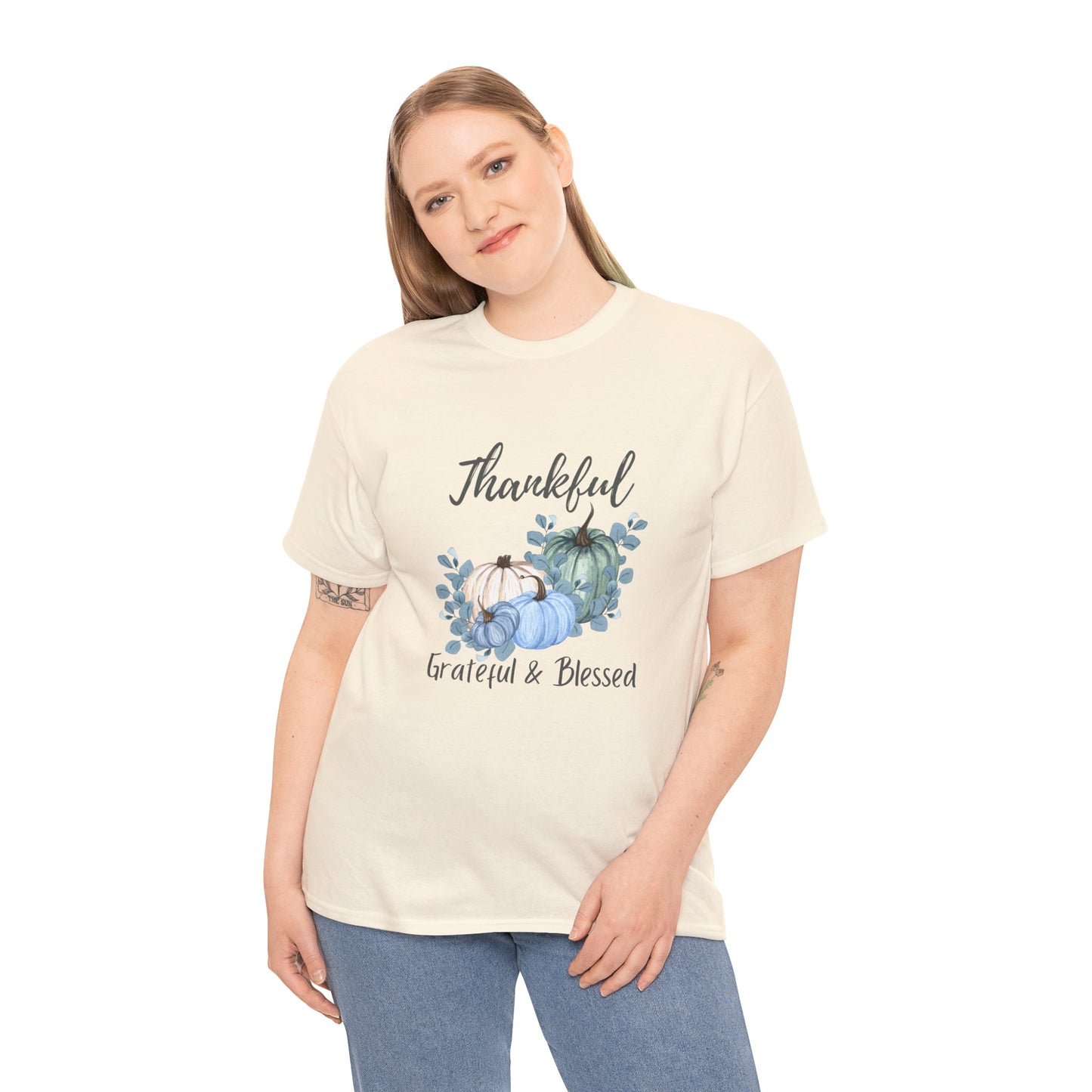 Thankful, Grateful & Blessed T-Shirt – Pumpkin & Leaves Design | Fall shirt | Fall clothing