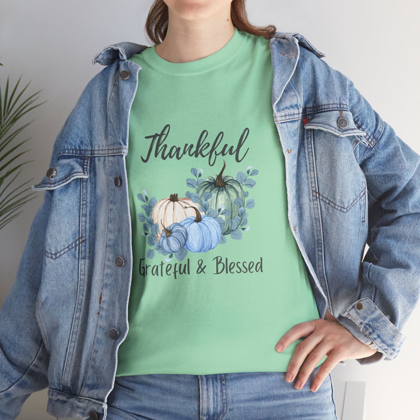 Thankful, Grateful & Blessed T-Shirt – Pumpkin & Leaves Design | Fall shirt | Fall clothing