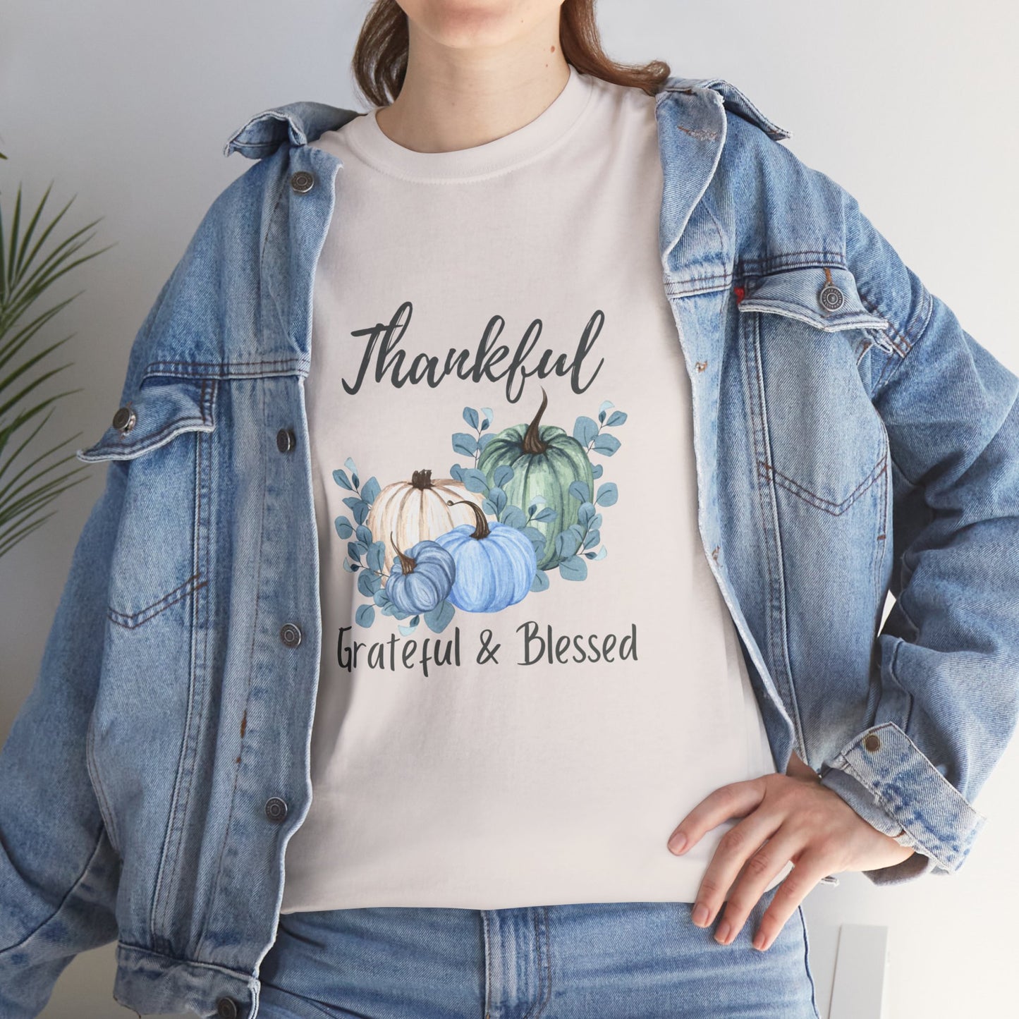 Thankful, Grateful & Blessed T-Shirt – Pumpkin & Leaves Design | Fall shirt | Fall clothing