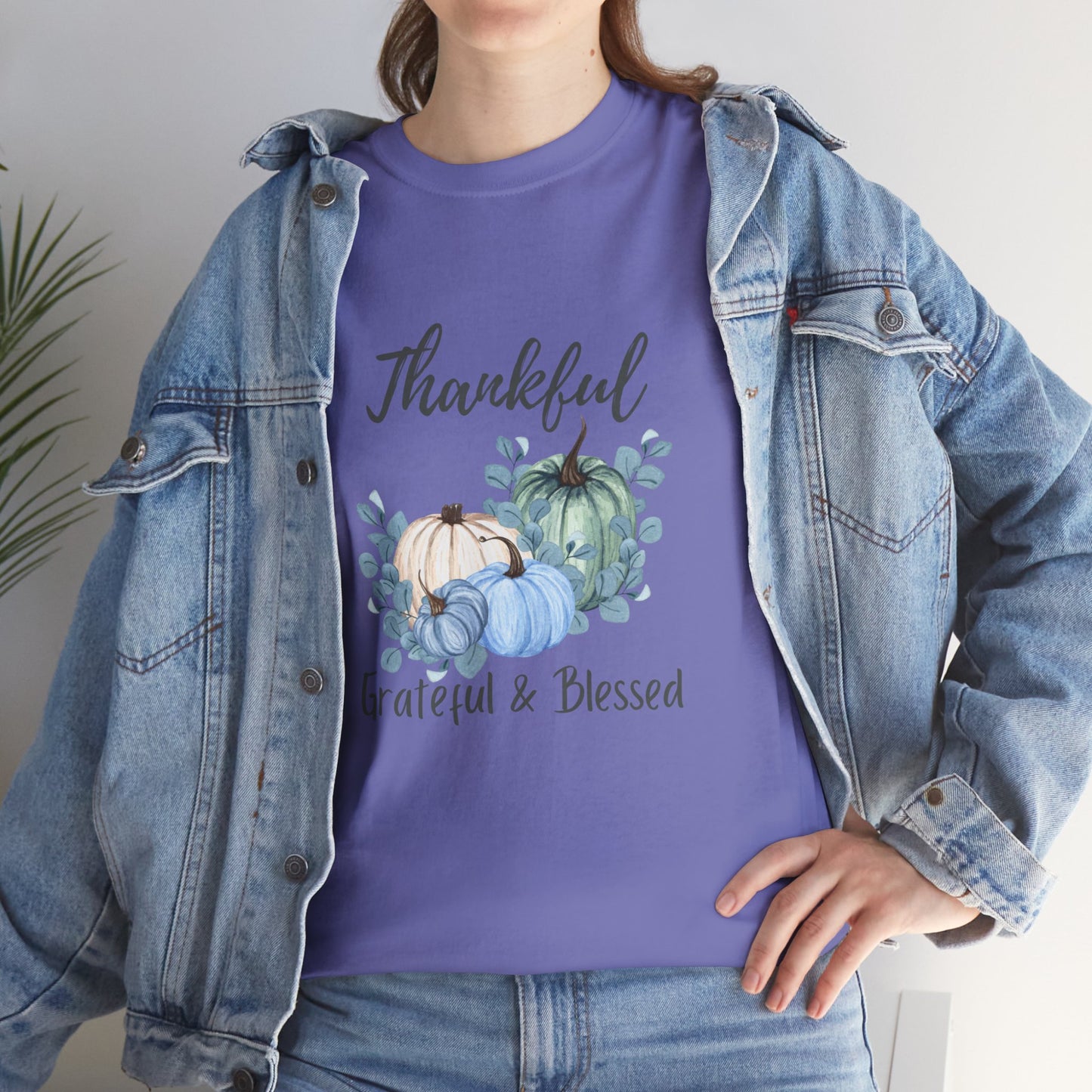 Thankful, Grateful & Blessed T-Shirt – Pumpkin & Leaves Design | Fall shirt | Fall clothing