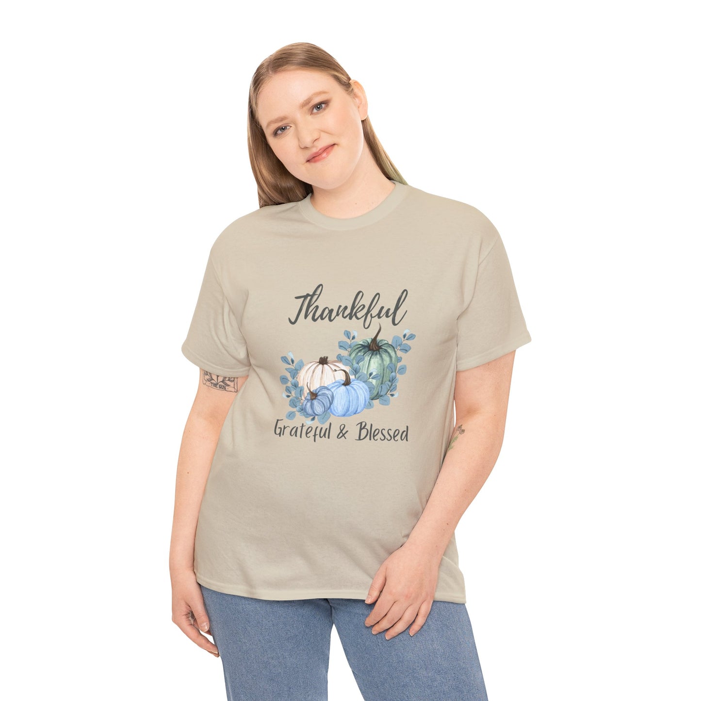 Thankful, Grateful & Blessed T-Shirt – Pumpkin & Leaves Design | Fall shirt | Fall clothing