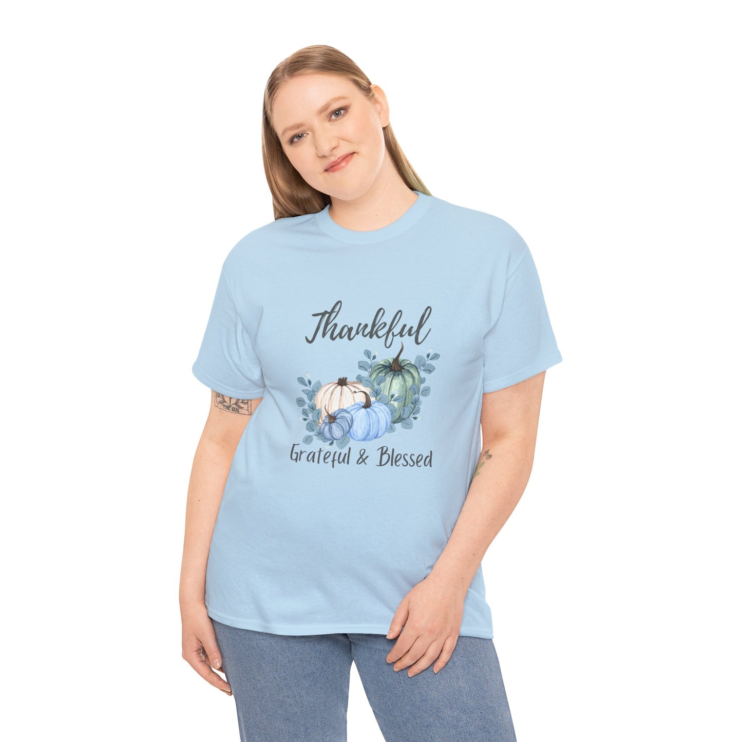 Thankful, Grateful & Blessed T-Shirt – Pumpkin & Leaves Design | Fall shirt | Fall clothing