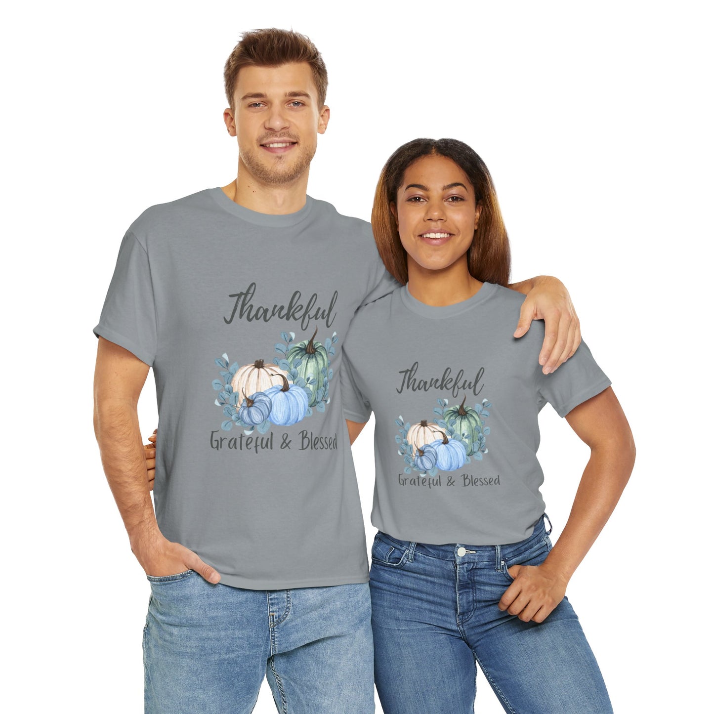 Thankful, Grateful & Blessed T-Shirt – Pumpkin & Leaves Design | Fall shirt | Fall clothing