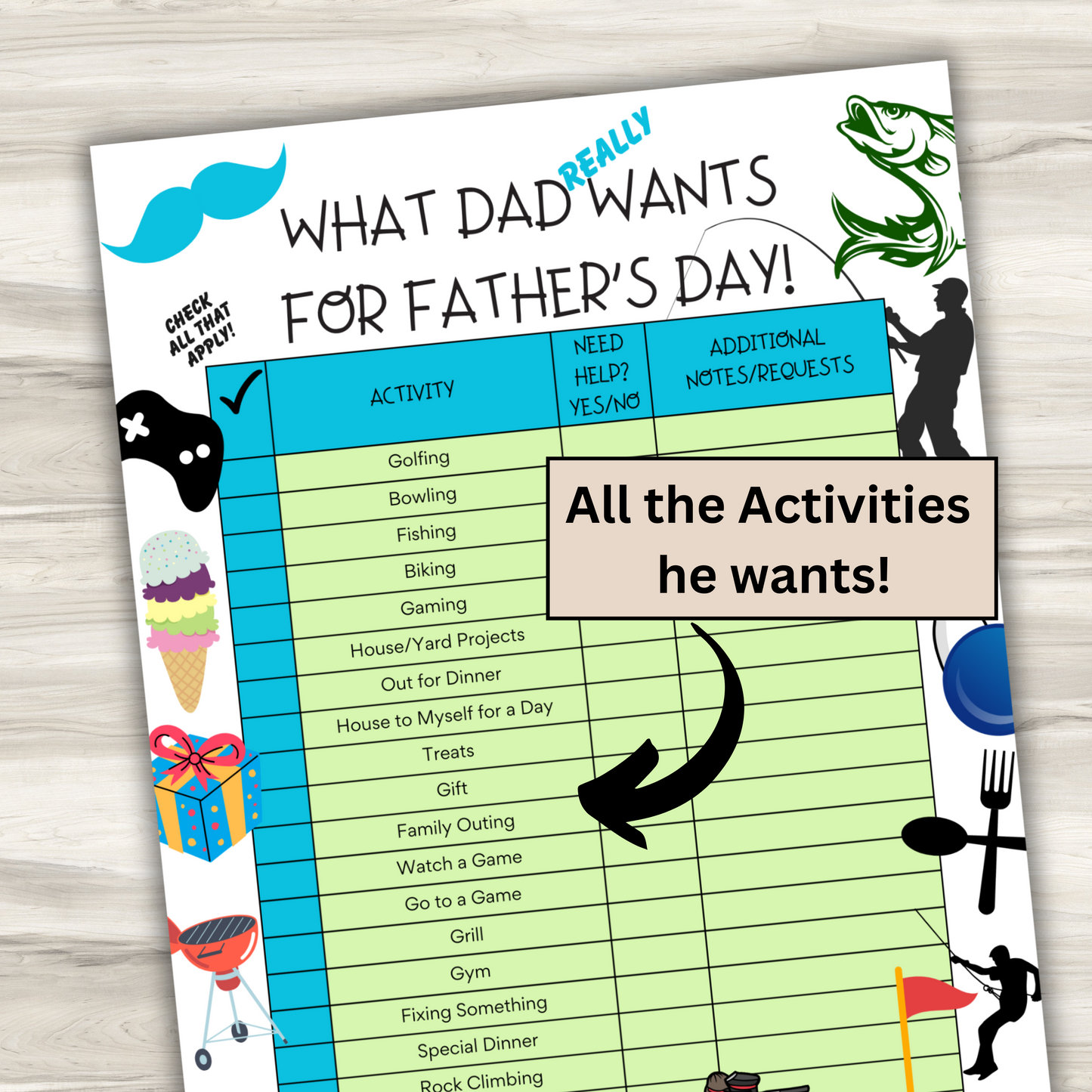 Father's Day Activity/Gift Sheet | What Dad Really Wants for Father's Day | Gift for Dad | For Dad