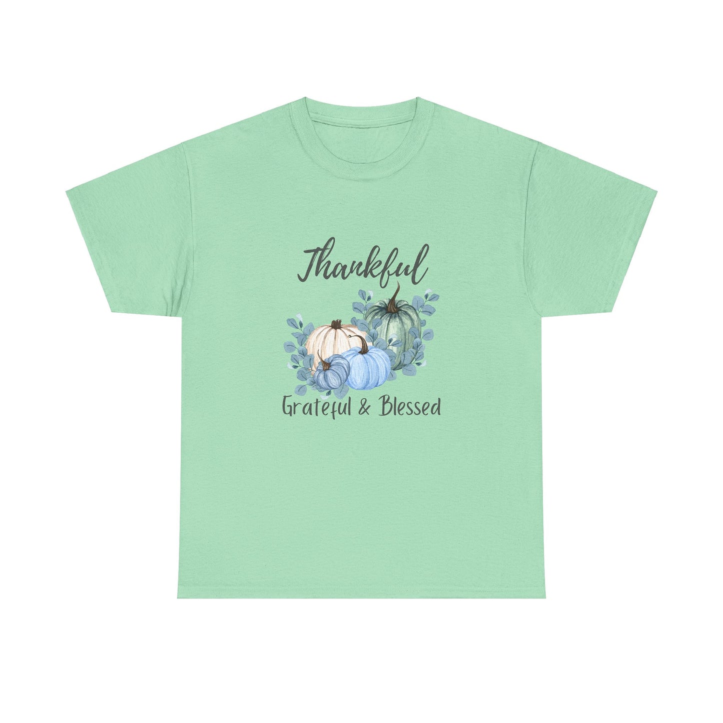 Thankful, Grateful & Blessed T-Shirt – Pumpkin & Leaves Design | Fall shirt | Fall clothing