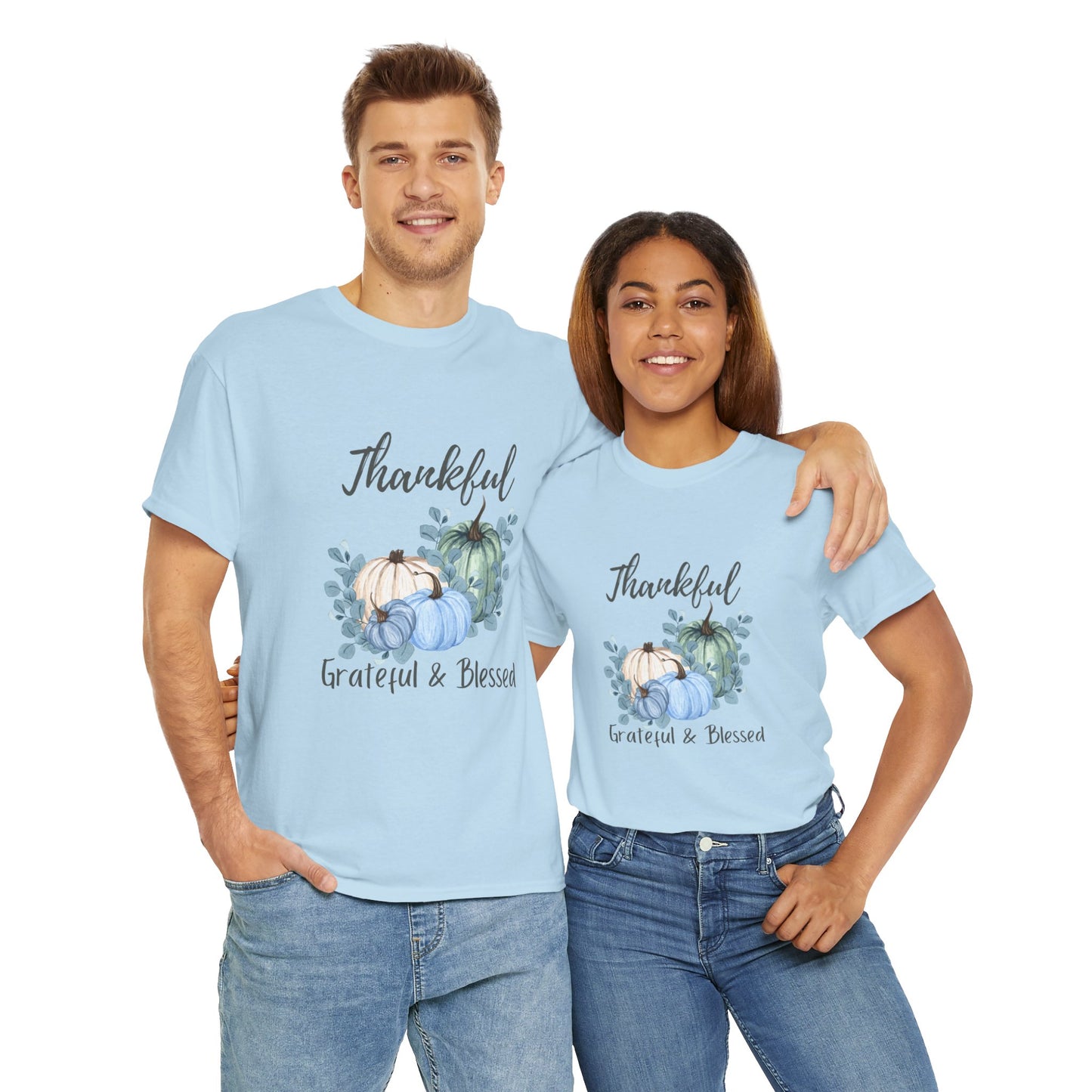 Thankful, Grateful & Blessed T-Shirt – Pumpkin & Leaves Design | Fall shirt | Fall clothing