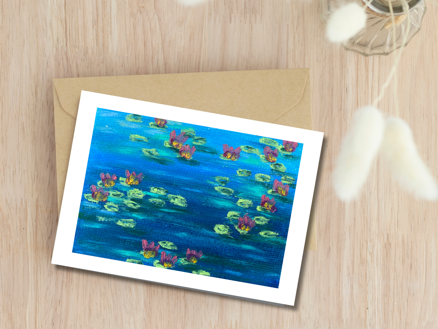 Hand-Crafted Oil Pastel Card - Based on Monet's Water Lilies