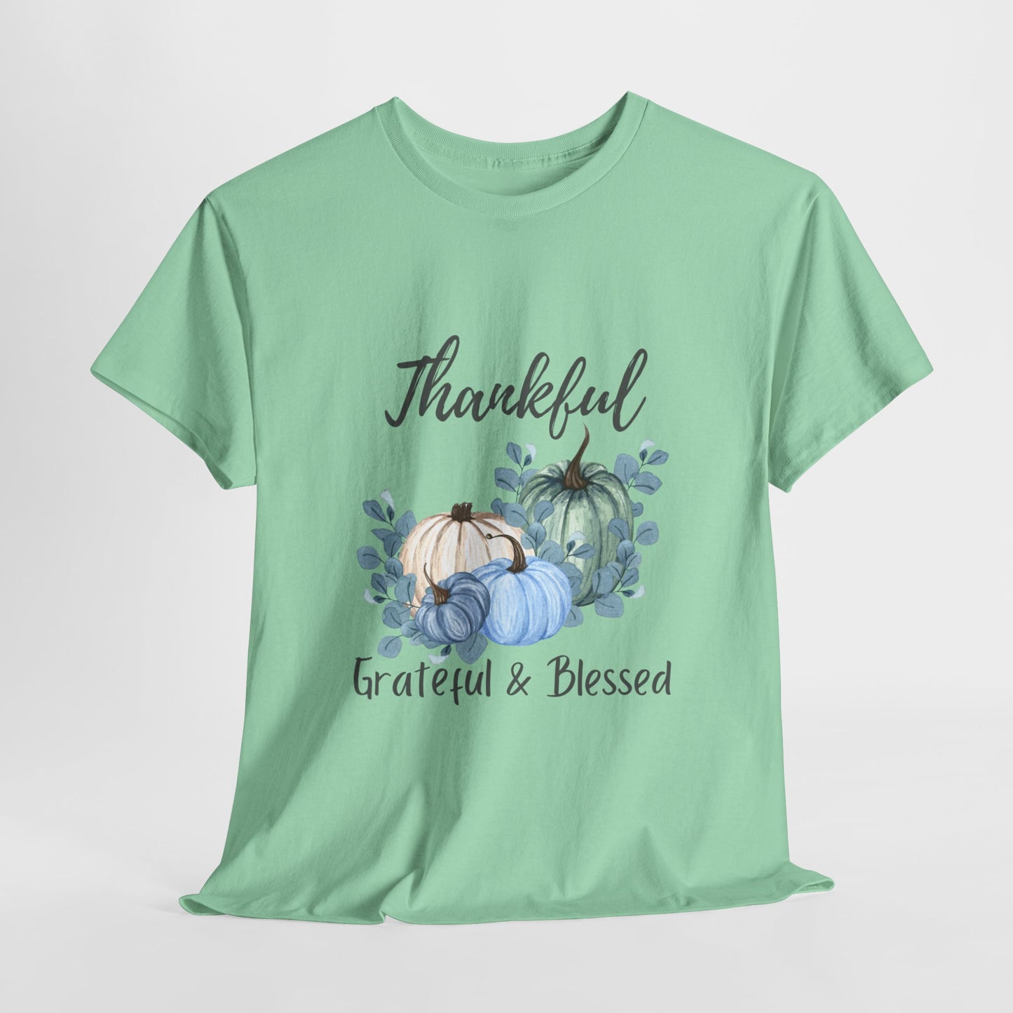 Thankful, Grateful & Blessed T-Shirt – Pumpkin & Leaves Design | Fall shirt | Fall clothing