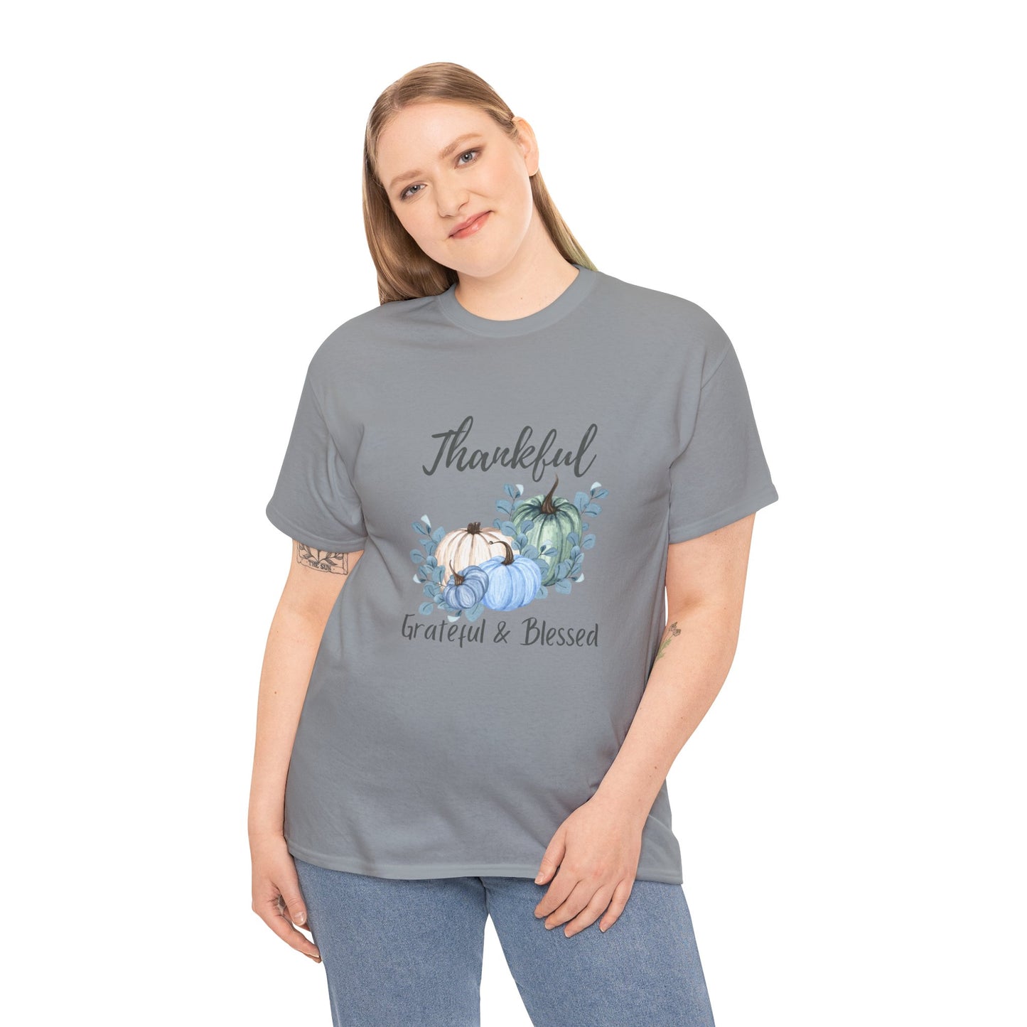 Thankful, Grateful & Blessed T-Shirt – Pumpkin & Leaves Design | Fall shirt | Fall clothing