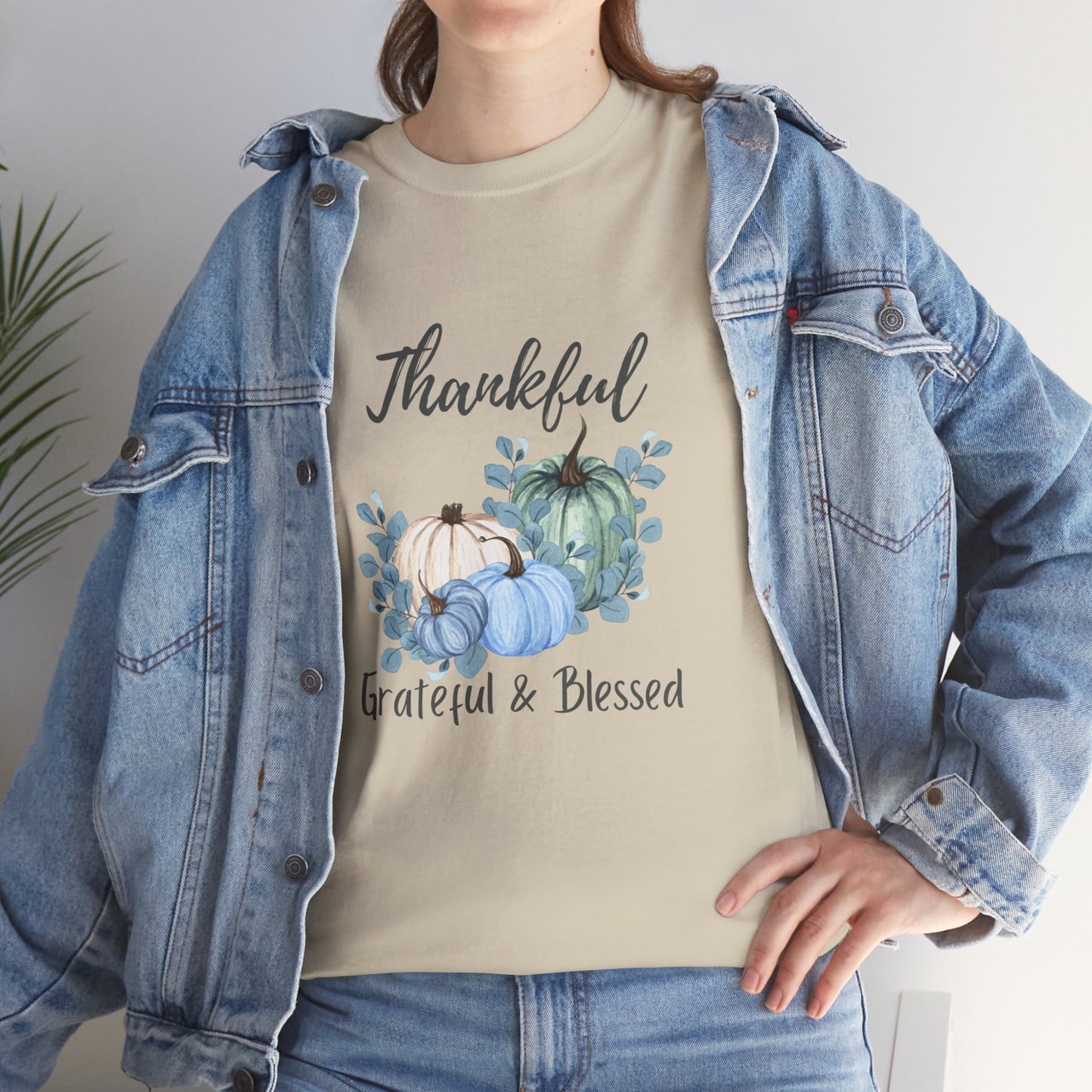 Thankful, Grateful & Blessed T-Shirt – Pumpkin & Leaves Design | Fall shirt | Fall clothing