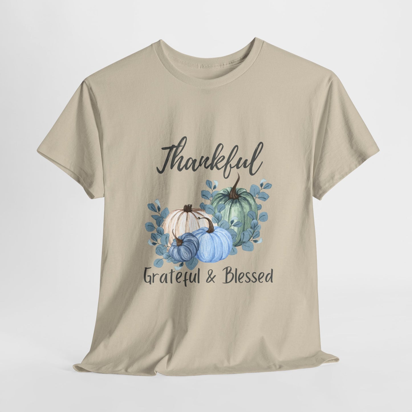 Thankful, Grateful & Blessed T-Shirt – Pumpkin & Leaves Design | Fall shirt | Fall clothing