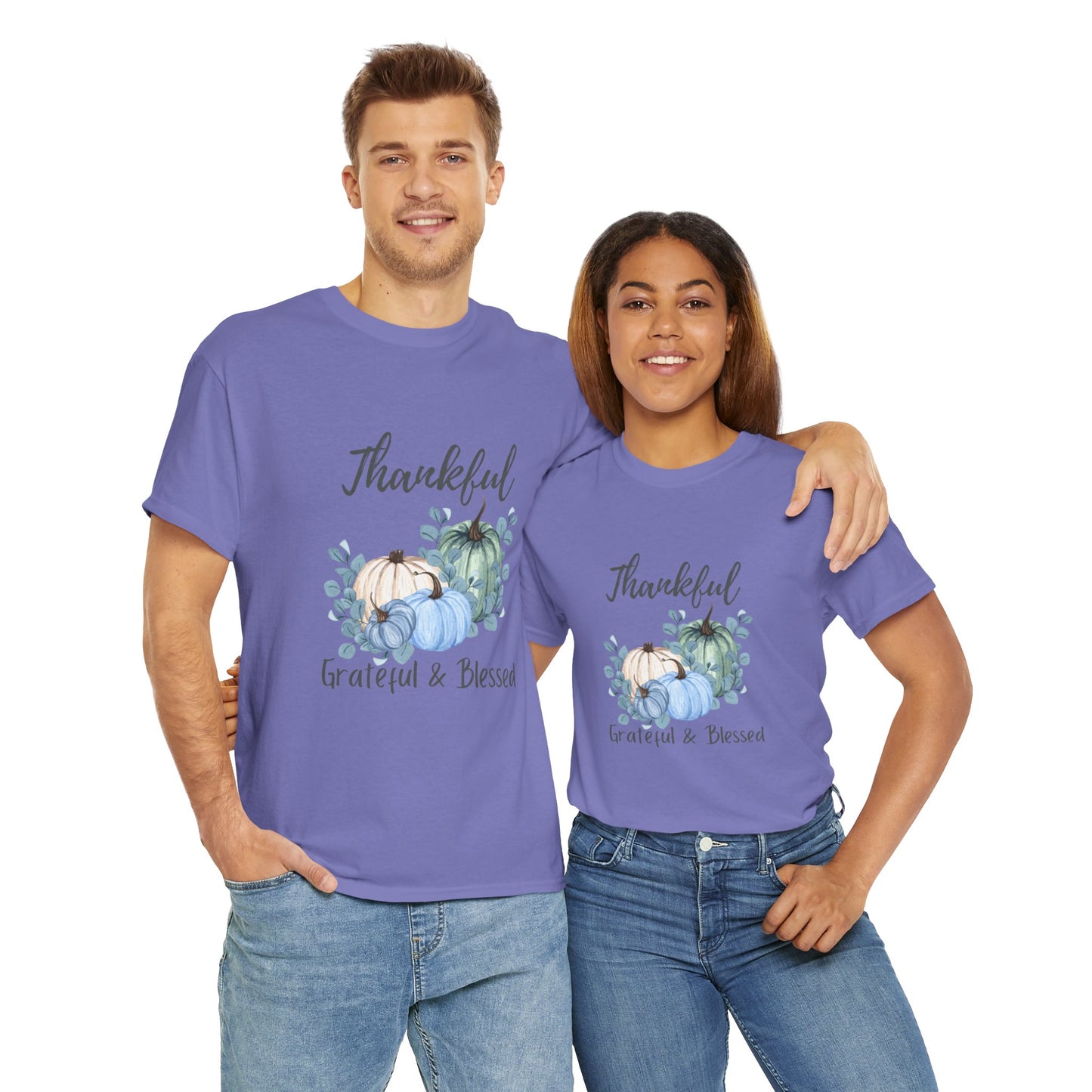 Thankful, Grateful & Blessed T-Shirt – Pumpkin & Leaves Design | Fall shirt | Fall clothing