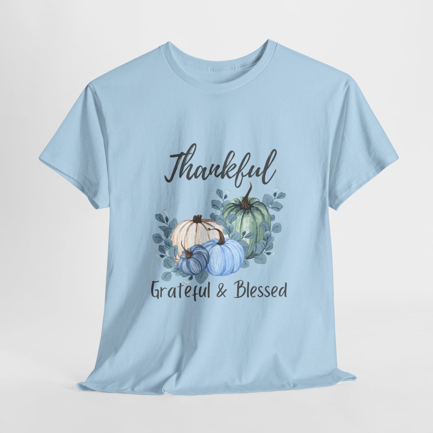 Thankful, Grateful & Blessed T-Shirt – Pumpkin & Leaves Design | Fall shirt | Fall clothing