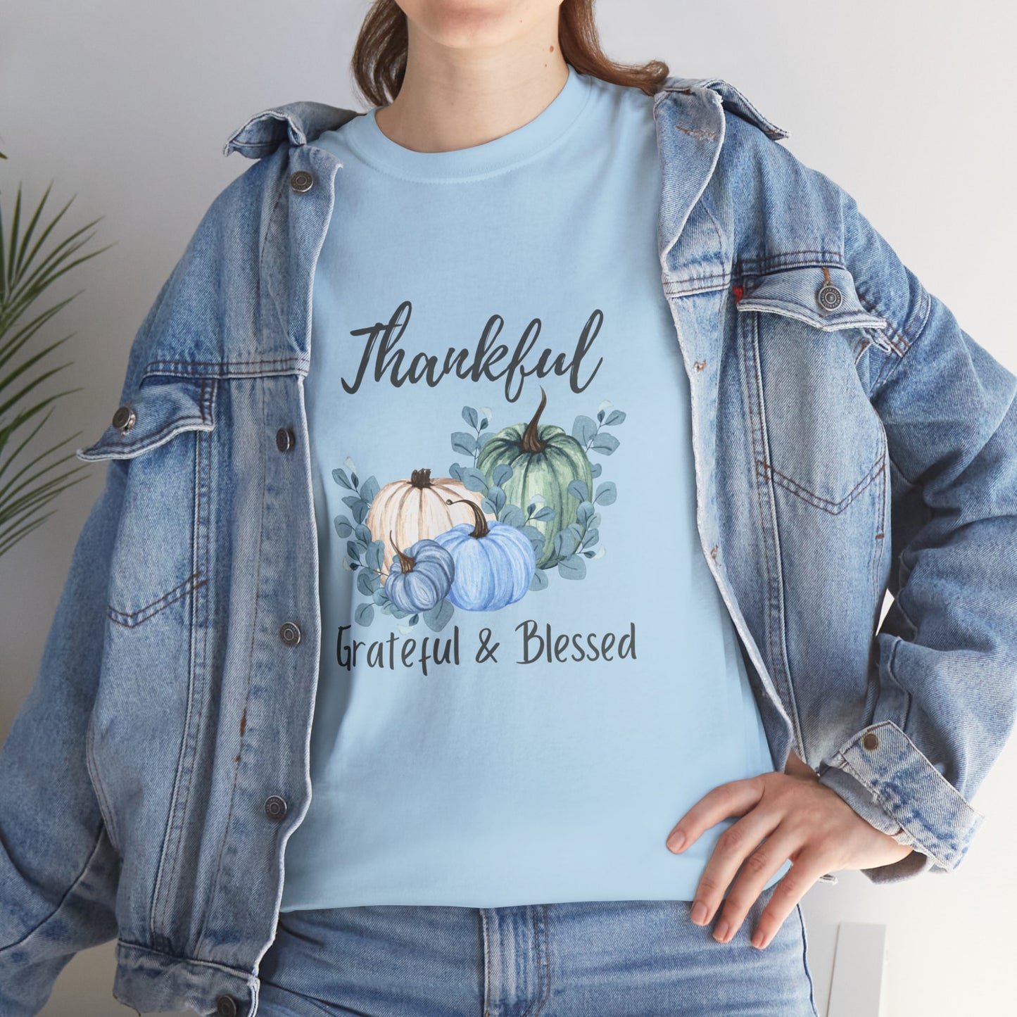 Thankful, Grateful & Blessed T-Shirt – Pumpkin & Leaves Design | Fall shirt | Fall clothing