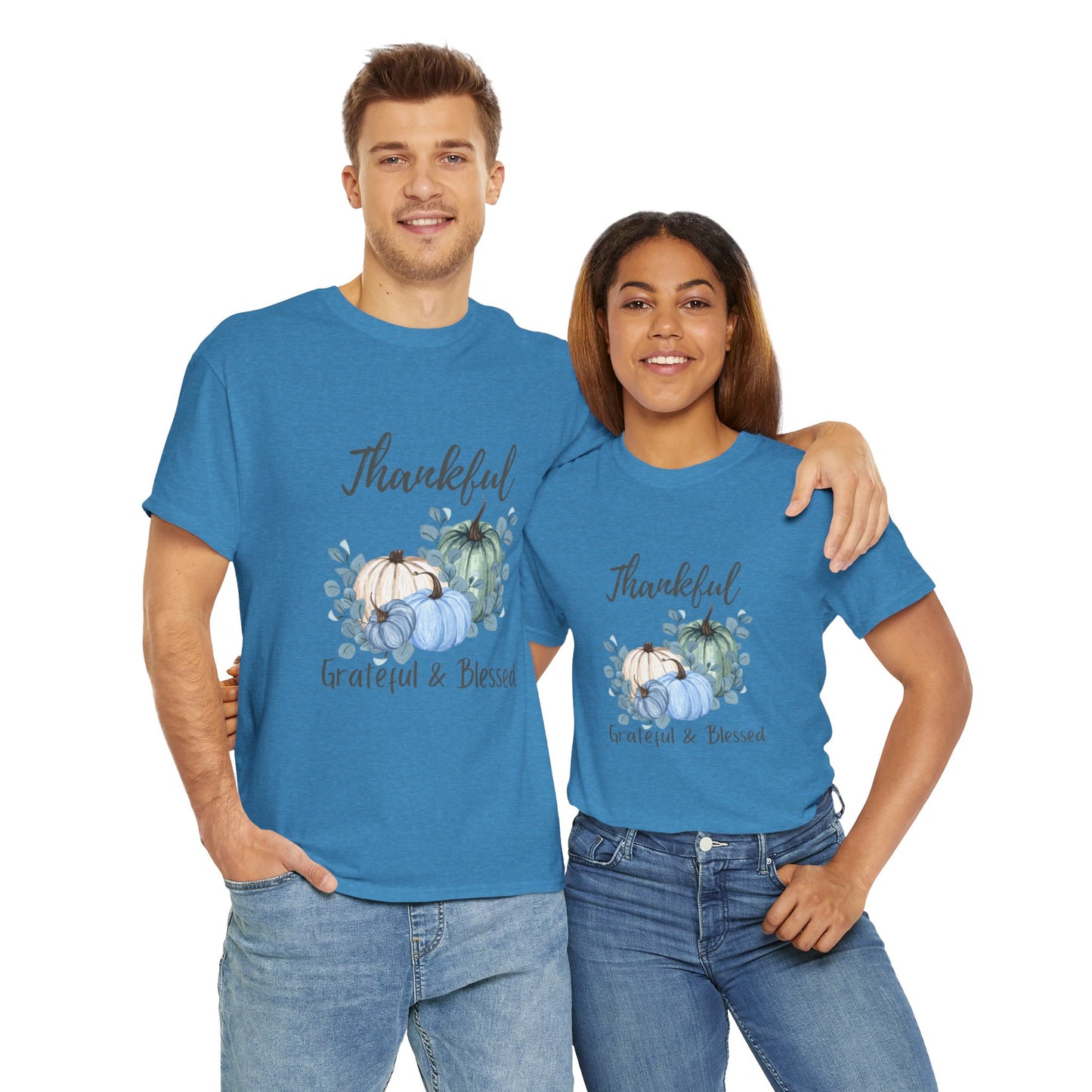 Thankful, Grateful & Blessed T-Shirt – Pumpkin & Leaves Design | Fall shirt | Fall clothing