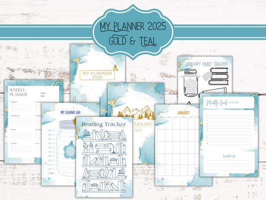 2025 Gold Marble Planner | Gold and Teal | Habit Tracker printable, Calendar pages, Savings pages, To-Do Lists