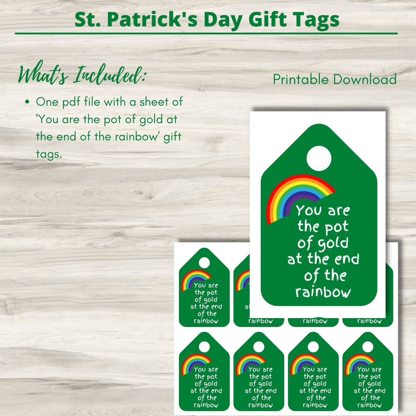 Green/Rainbow St. Patrick's Day Gift Tags, Set of 8, Cute Irish Themed Present Labels