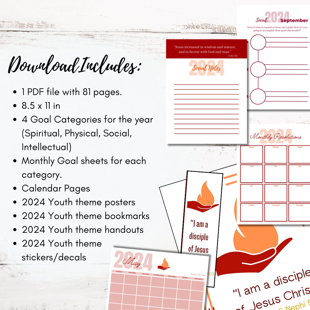 LDS Youth Theme Mega Packet 2024 | Set and Meet Goals | I am a Disciple of Christ Home Decor | Bookmarks | Calendars