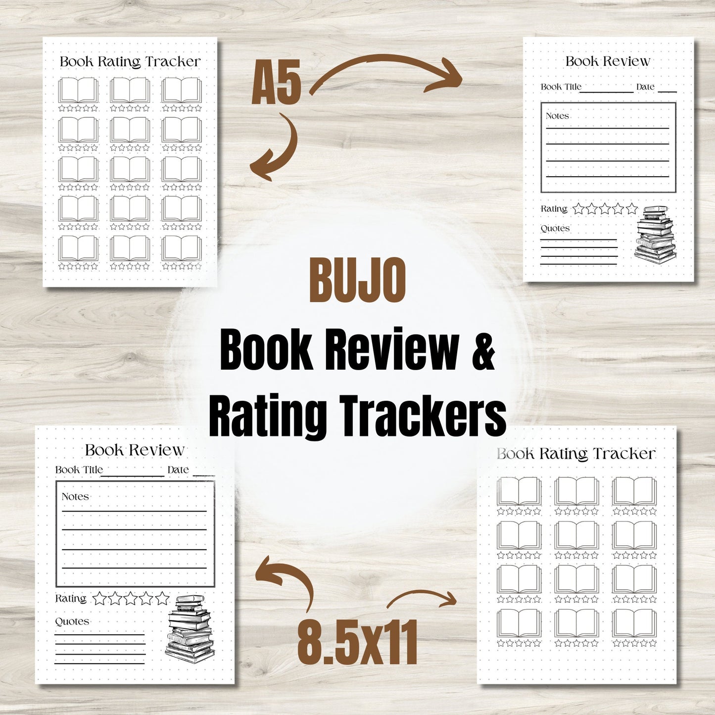 BUJO Book Review and Rating Trackers | Reading Bullet Journal Pages | A5 and 8.5x11