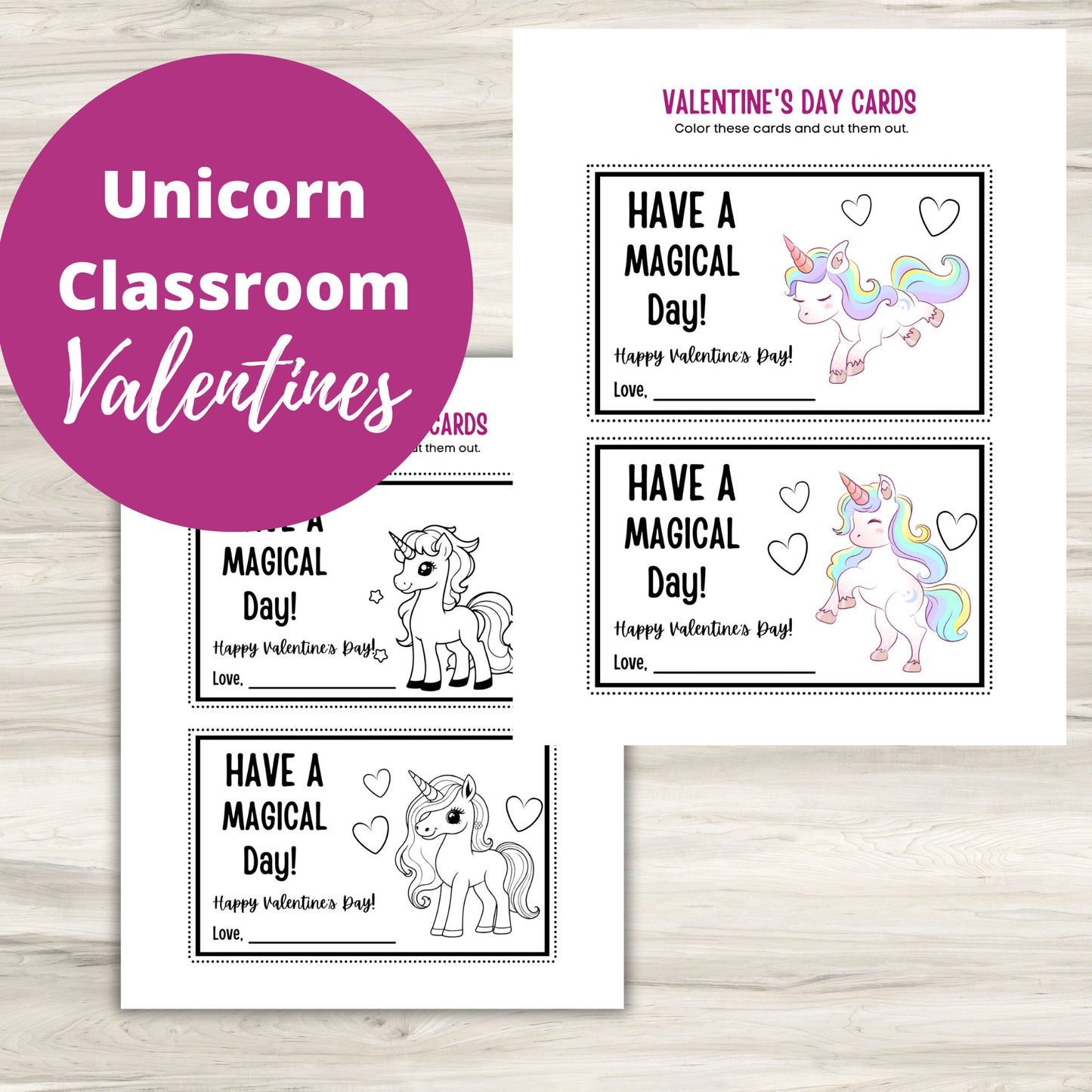 Classroom Valentines | dinosaur valentine | unicorn valentine | printable valentines | Print - Cut and Color!