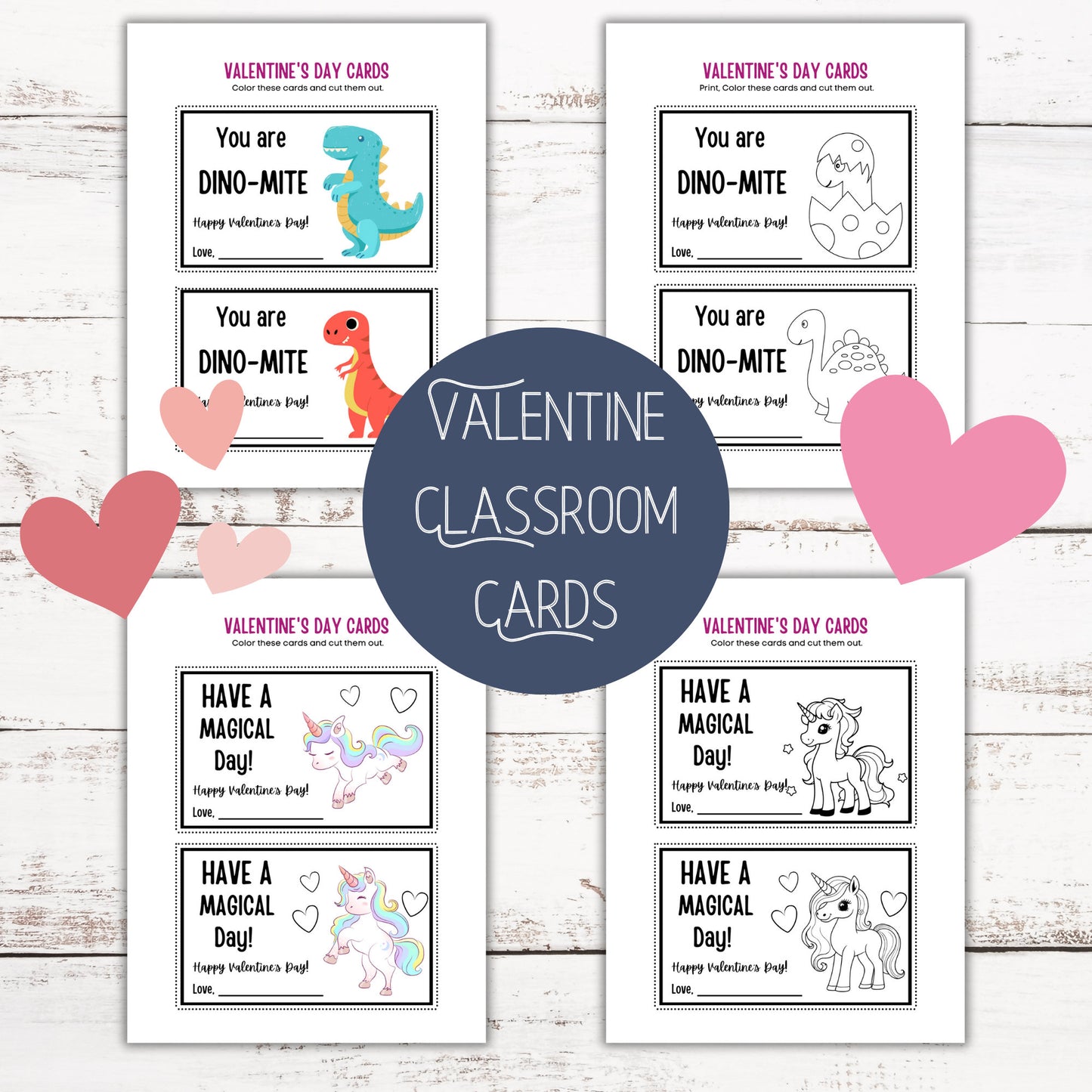 Classroom Valentines | dinosaur valentine | unicorn valentine | printable valentines | Print - Cut and Color!