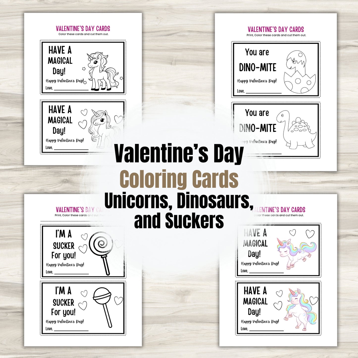 Classroom Valentines | dinosaur valentine | unicorn valentine | printable valentines | Print - Cut and Color!